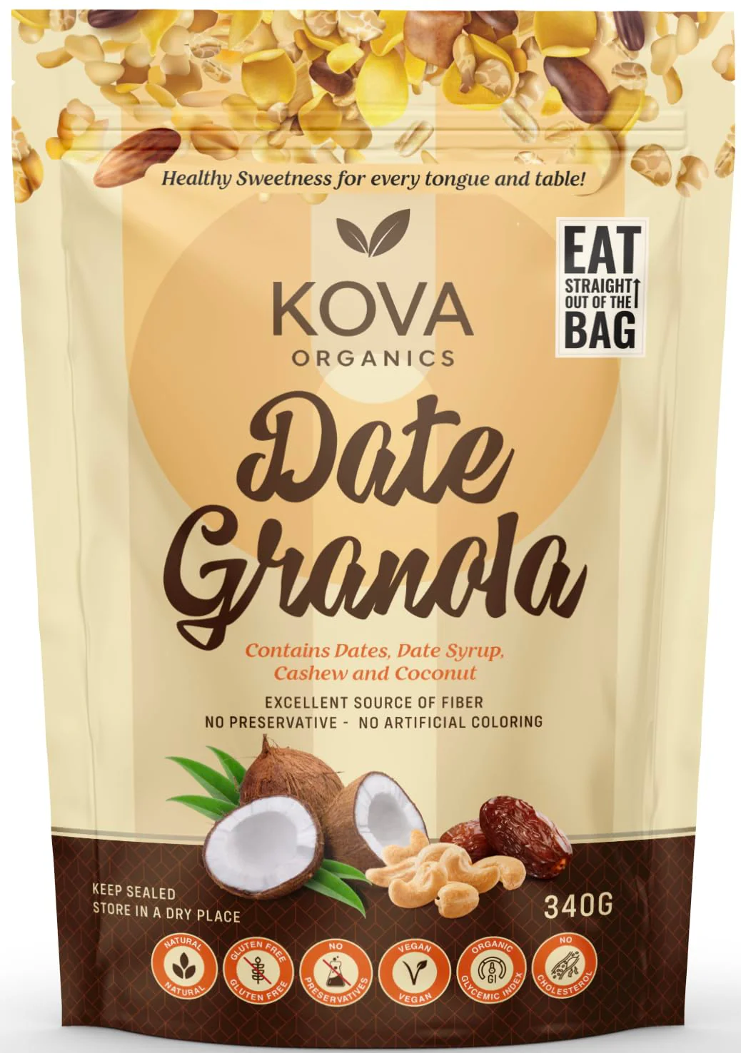 Kovafood Date Granola Kovafood Date Granola. Healthy Granola mix with Oats, Date, Date Syrup, Coconut and Cashews. Healthy and Tasty. No Preservatives 340g
