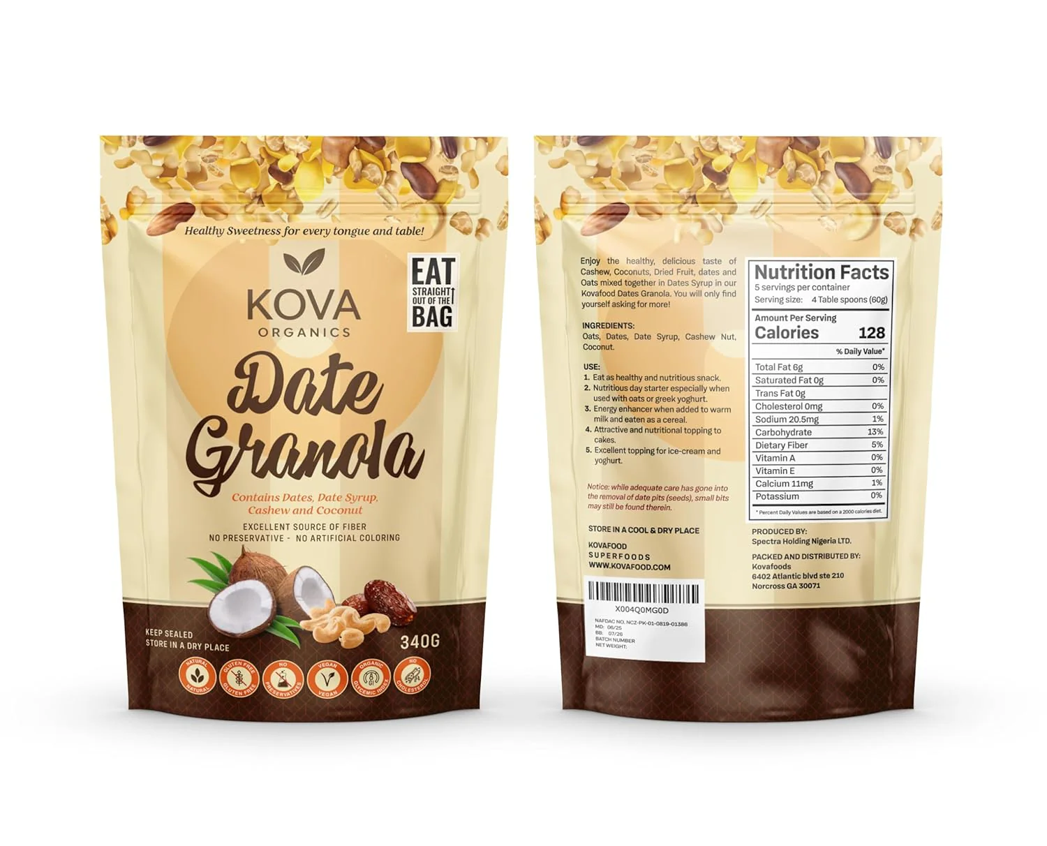 Kovafood Date Granola Kovafood Date Granola. Healthy Granola mix with Oats, Date, Date Syrup, Coconut and Cashews. Healthy and Tasty. No Preservatives 340g - Image 2